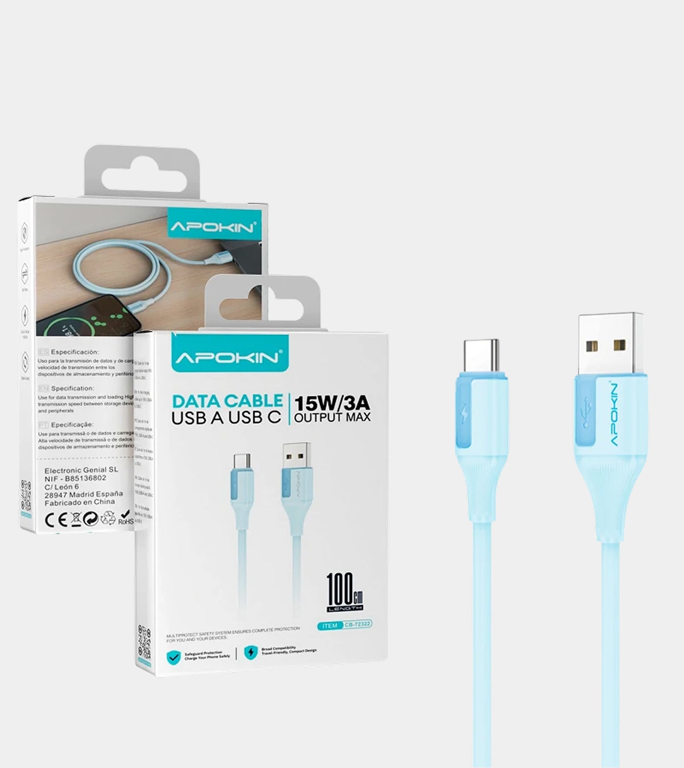USB-A to USB-C Cable 15W 3A 1 Meter Blue 72322