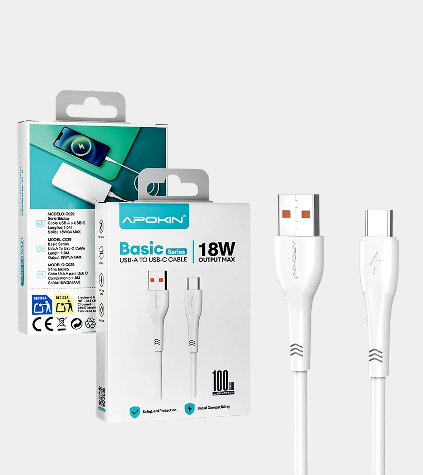 USB-A to USB-C Cable 18W 3A 1 Meter White 73060