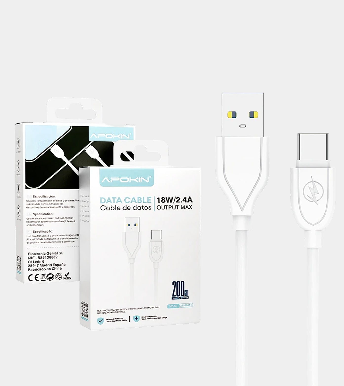 Apokin USB 2.4 to Type C 2 Metre 3.0A Fast Charging Data Cable - White
