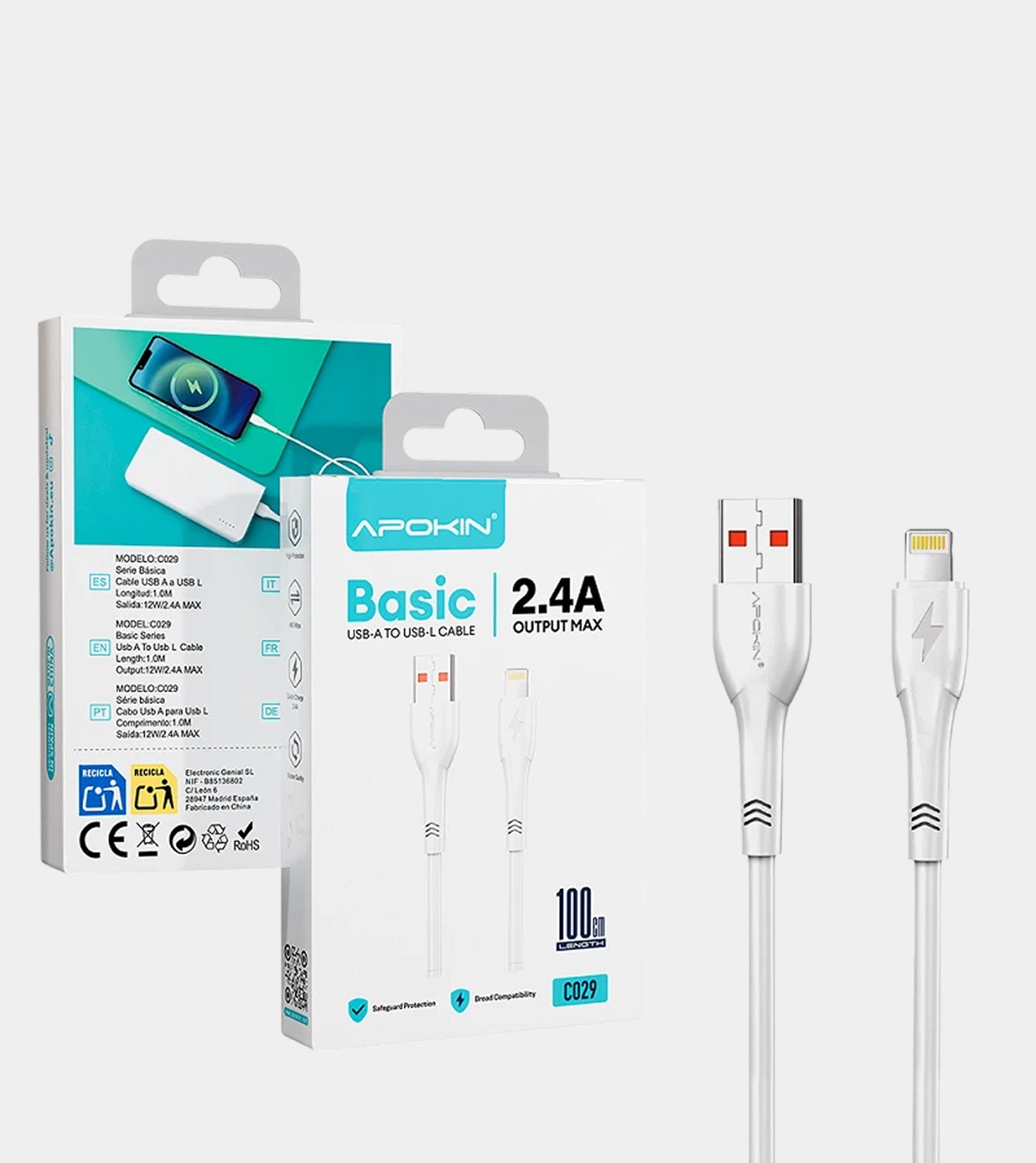 USB-A to Lightning Cable 12W 3A 1 Meter White 73077