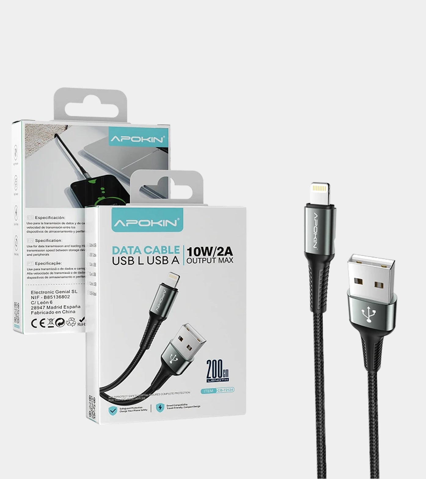 USB-A to Lightning Cable 2 Metres Black Reinforced 72124