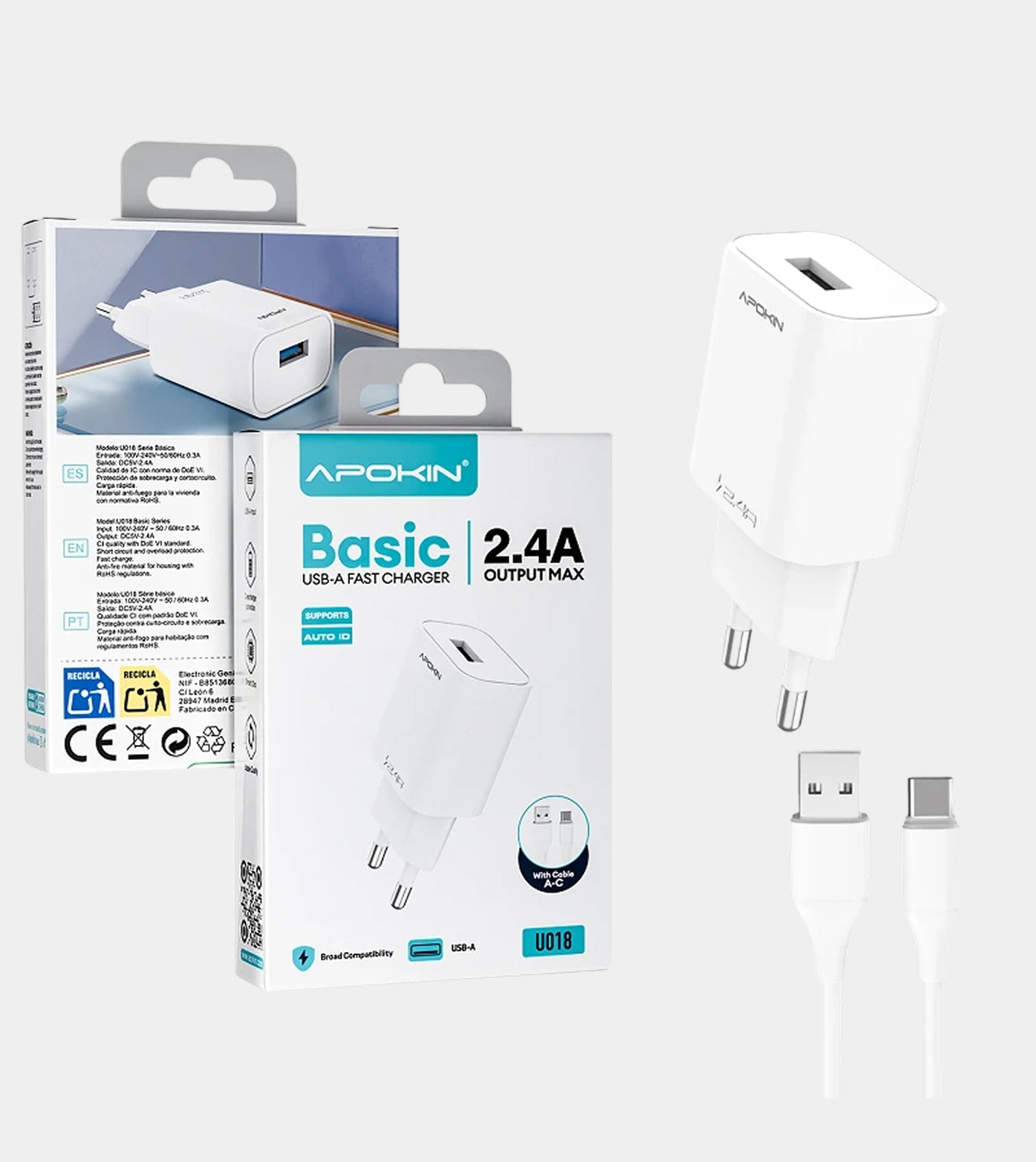 USB-A Wall Charger 12W 2.4A Type-C Cable APOKIN 81331