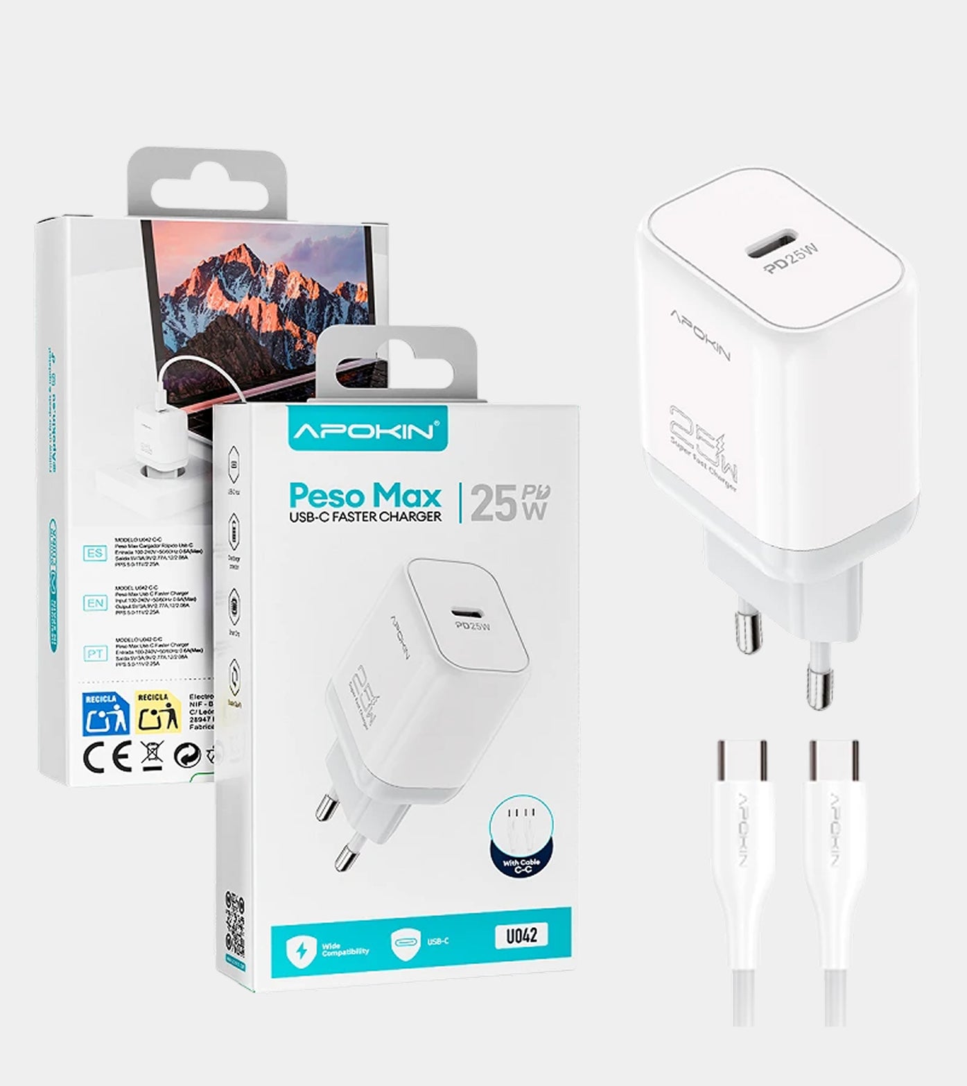Charger WeightMax 25W PD/QC Input Type-C Cable APOKIN - White U042